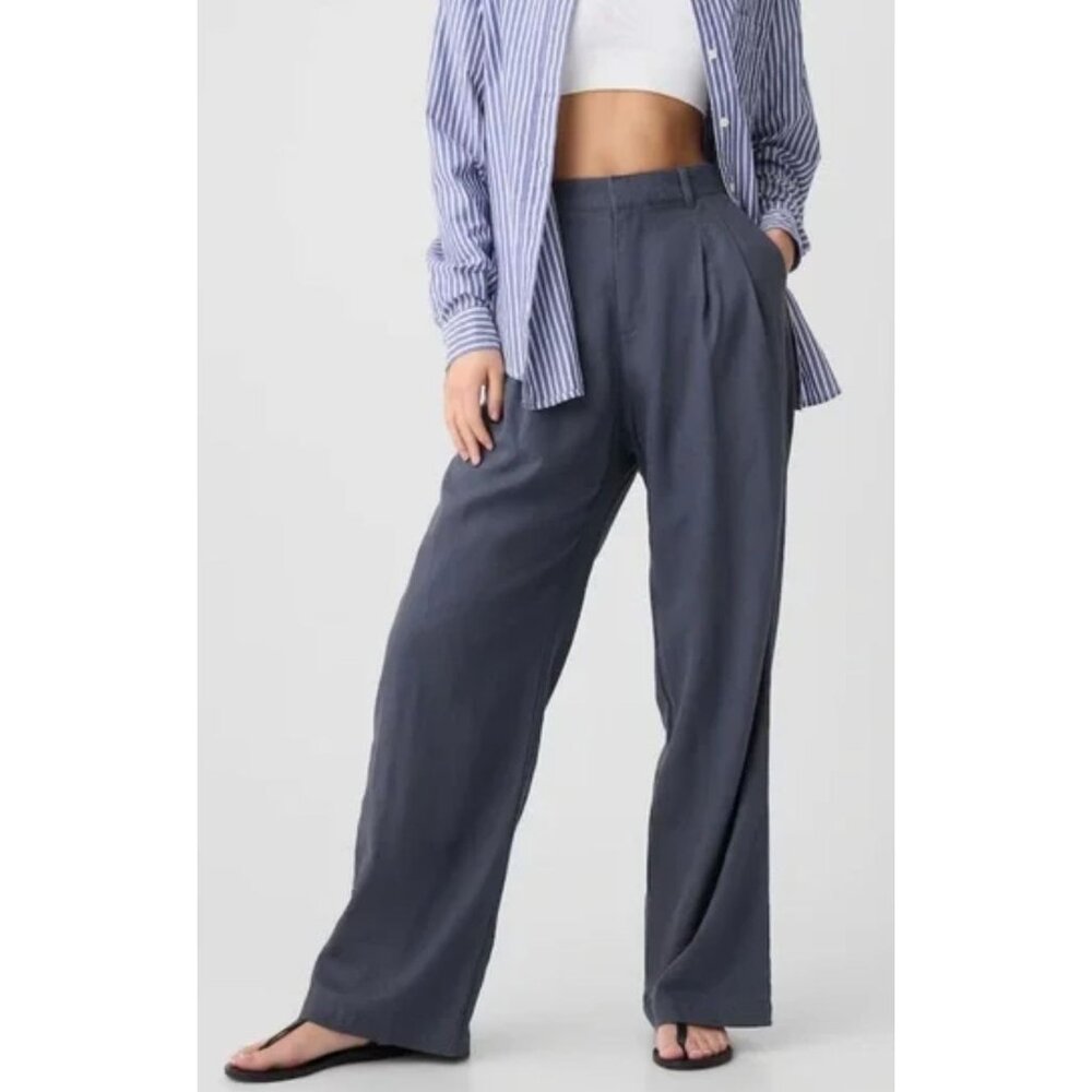 Gap High Rise Pleated Linen Wide-Leg Trouser Blue Pants-sz 12